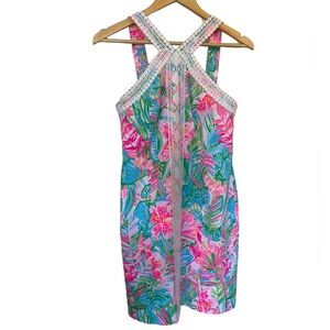 LILLY PULITZER Pink/Blue Lace Trimmed  Floral Halter Dress - Size 2